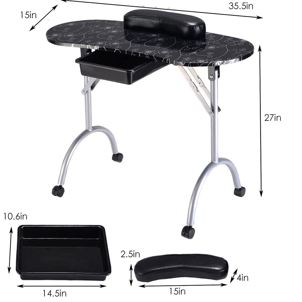 Giantex Portable Manicure Table with Drawer, Wrist Rest, Lockable Casters, Carrying Bag, Black R745771
