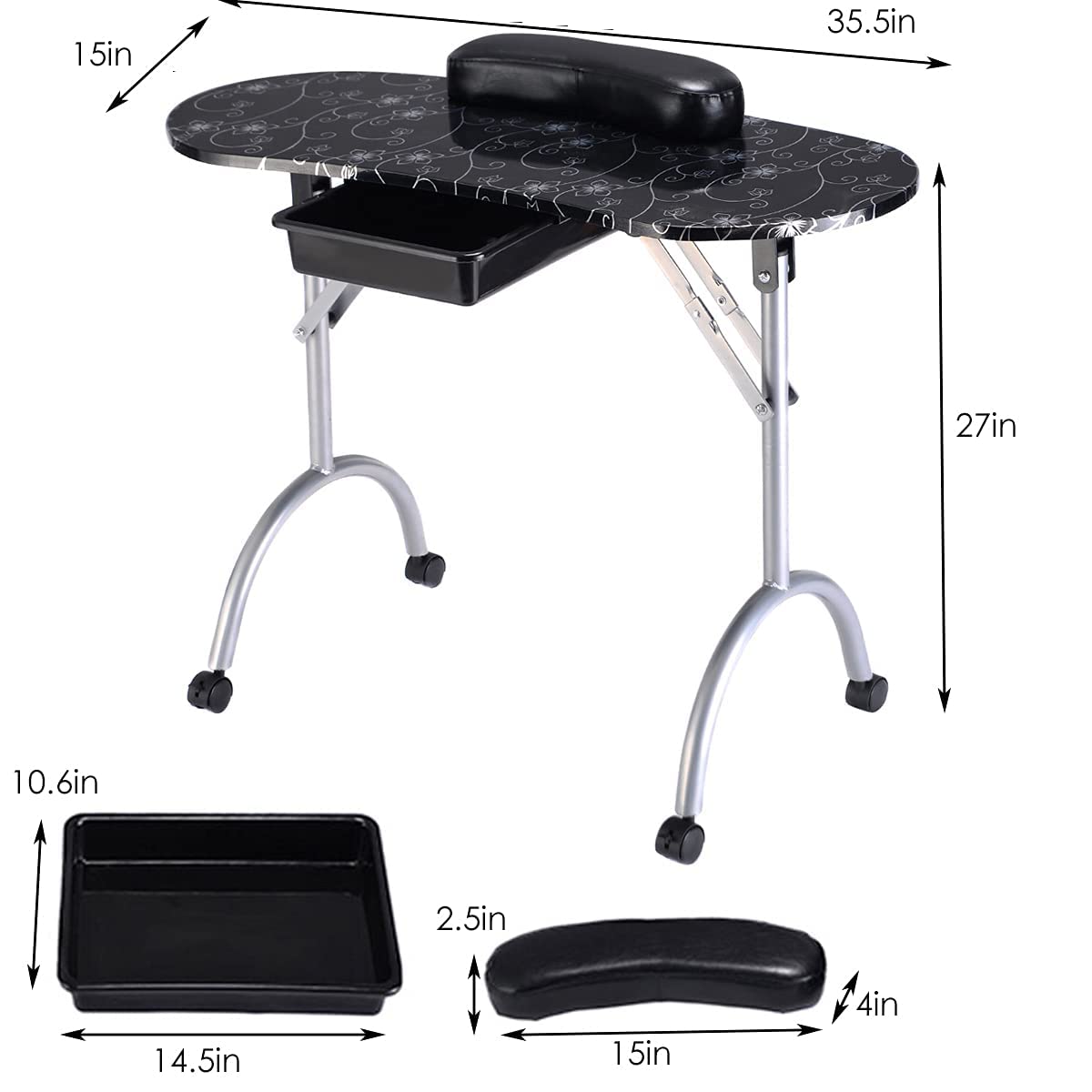 Giantex Portable Manicure Table with Drawer, Wrist Rest, Lockable Casters, Carrying Bag, Black R745771