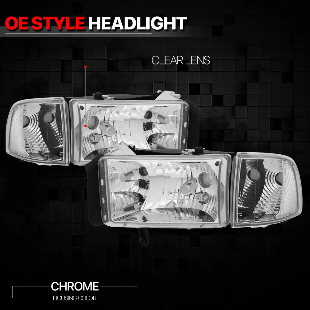 Chrome Housing Headlight Clear Corner Turn Signal for 94-02 Dodge Ram R31640