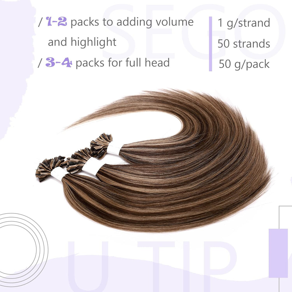 SEGO U Tip Hair Extensions Real Human Hair Keratin Fusion 18 Inch Medium Brown & Dark Blonde H40383