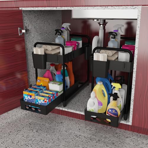 2 Pack Double-Layer Under Sink Organizer with Sliding Shelf, 4 Hooks and Cup Slot (Black) Y477401