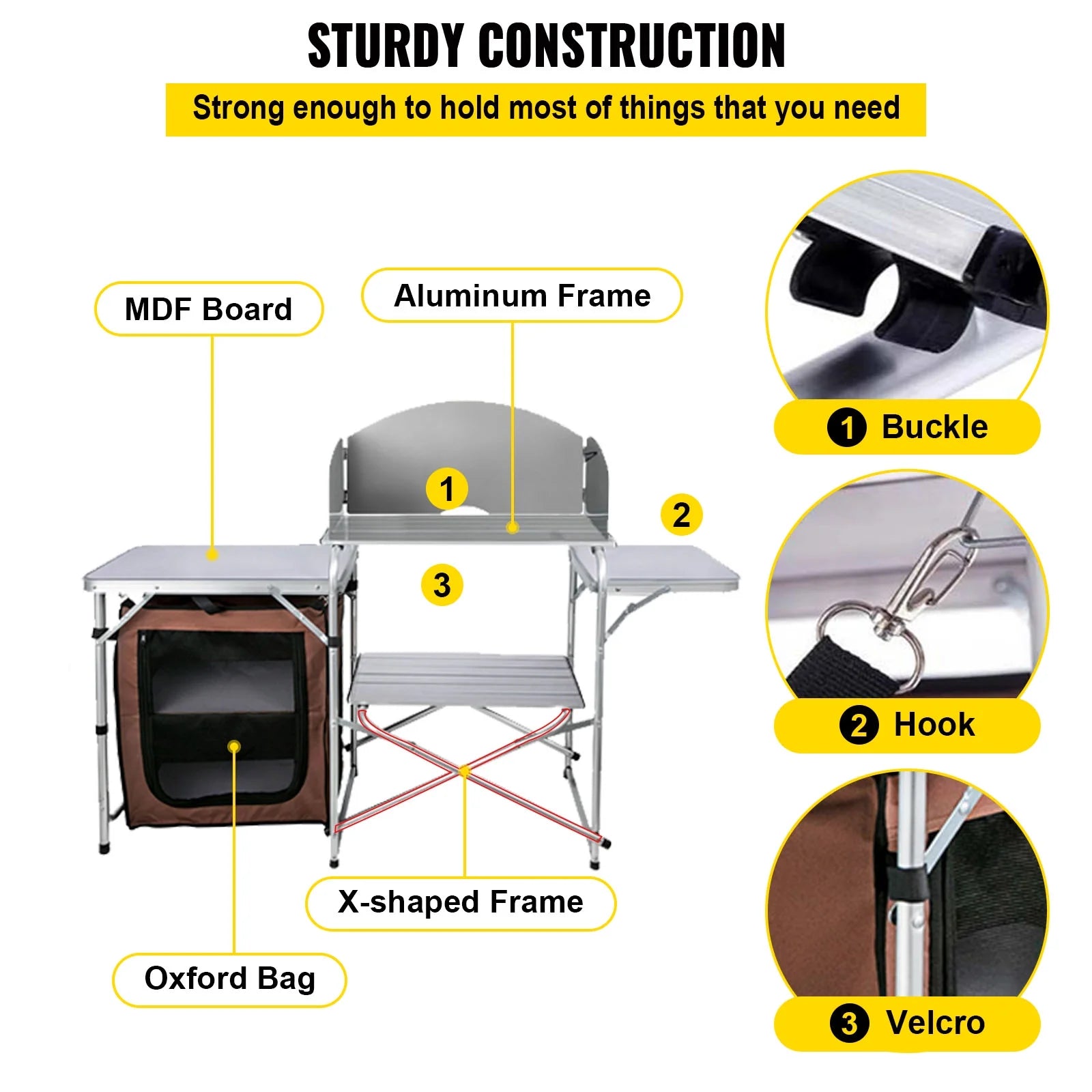 VEVOR Camping Kitchen Station, Aluminum Portable Folding Cook Table with Windshield M3664