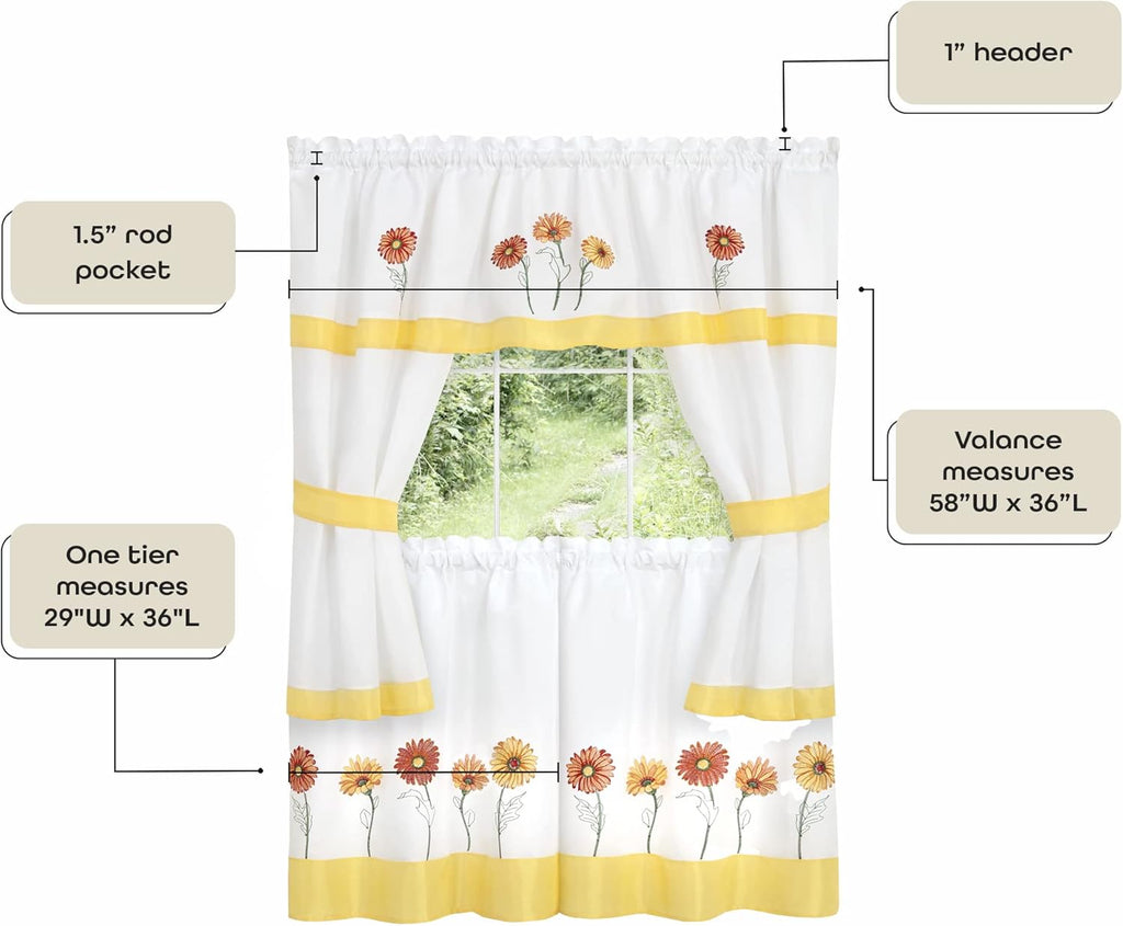 Achim Embellished Cottage Window Curtain Set 58x36 Inch Gerbera Daisy Light Filtering M180