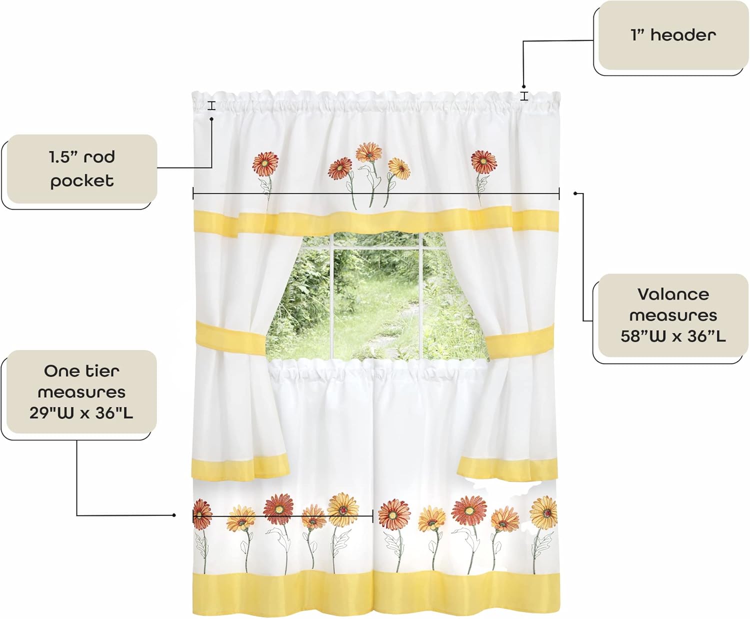 Achim Embellished Cottage Window Curtain Set 58x36 Inch Gerbera Daisy Light Filtering M180