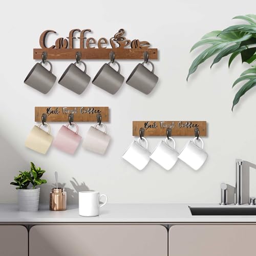 3 Pack Coffee Mug Shelf Wall Mounted with 10 Hooks, Wooden Kitchen Decor F926844