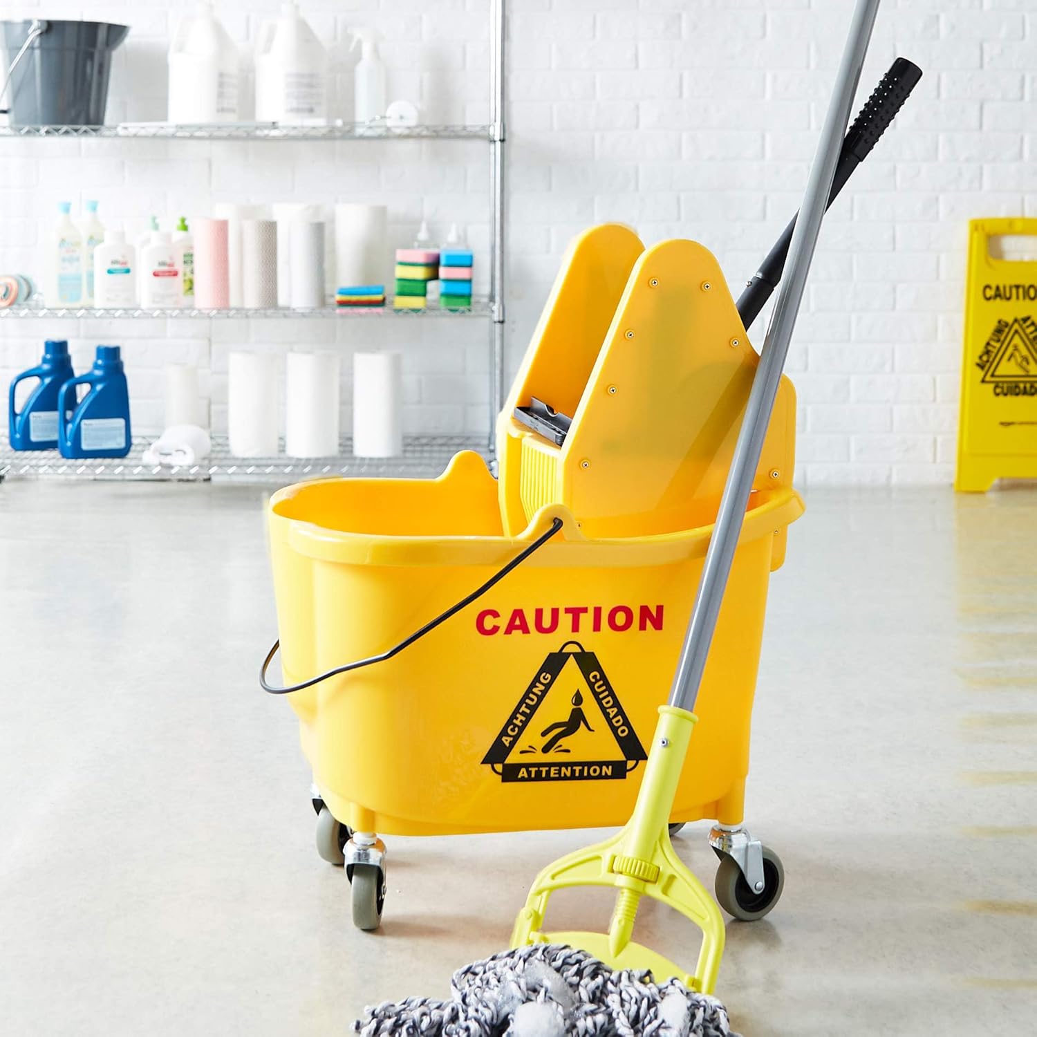 Amazon Basics Rectangular Mop Bucket with Down Press Wringer, 35-Quart, Yellow L9108