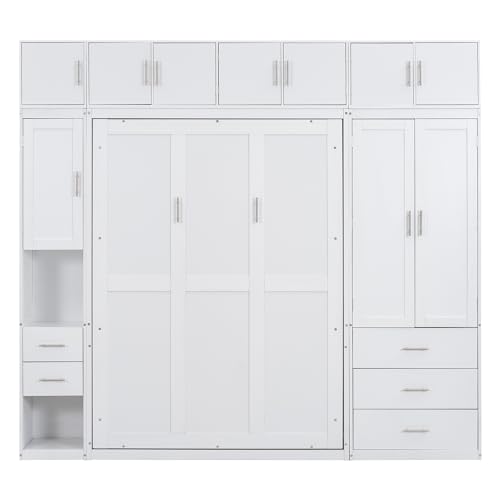 Harper & Bright Designs Full Size Murphy Bed with Lockers and Wardrobes, White N46034
