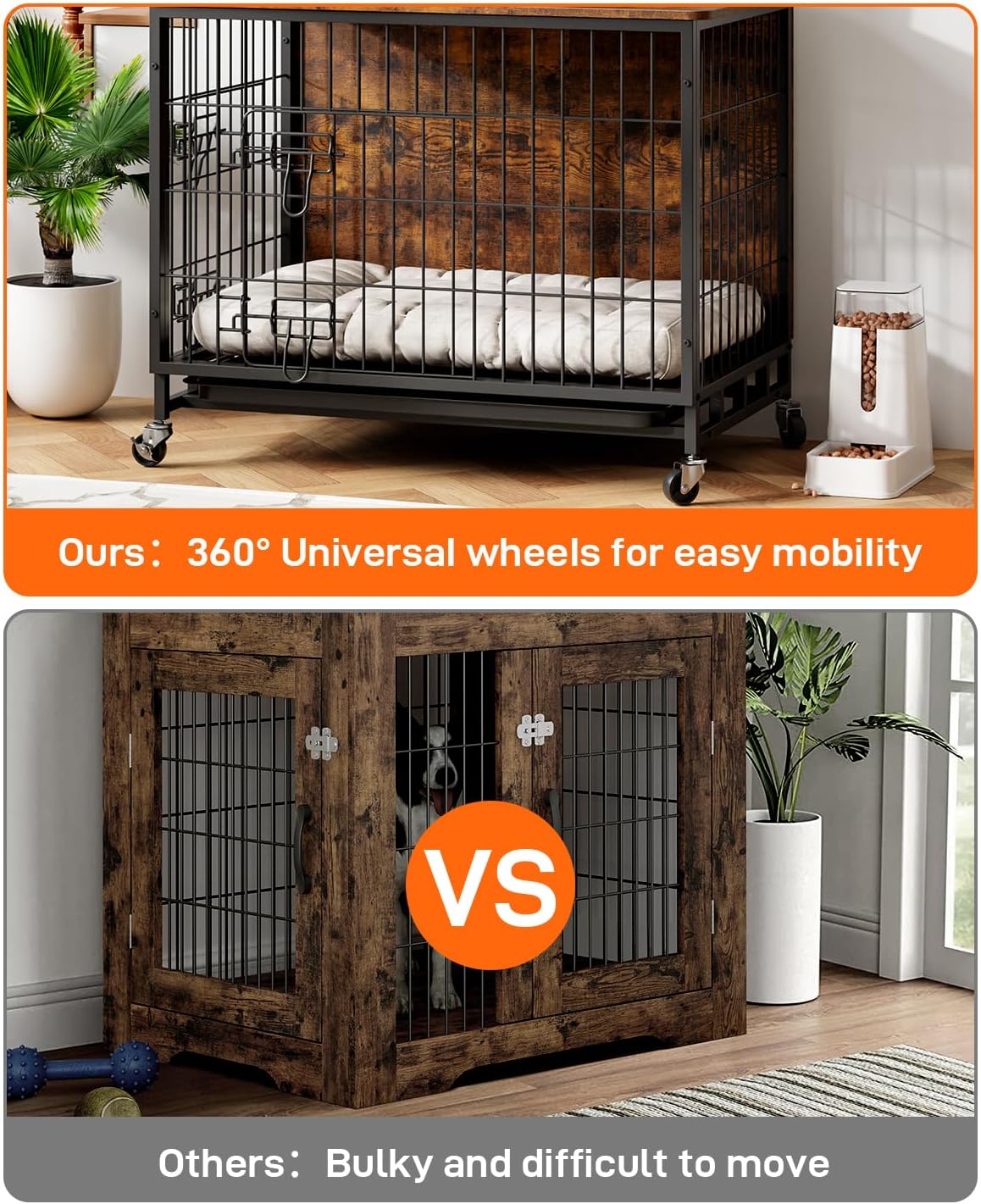 Dog Crate Furniture with Removable Tray and Wheels, Double-Door Wooden Kennel, Brown N6860