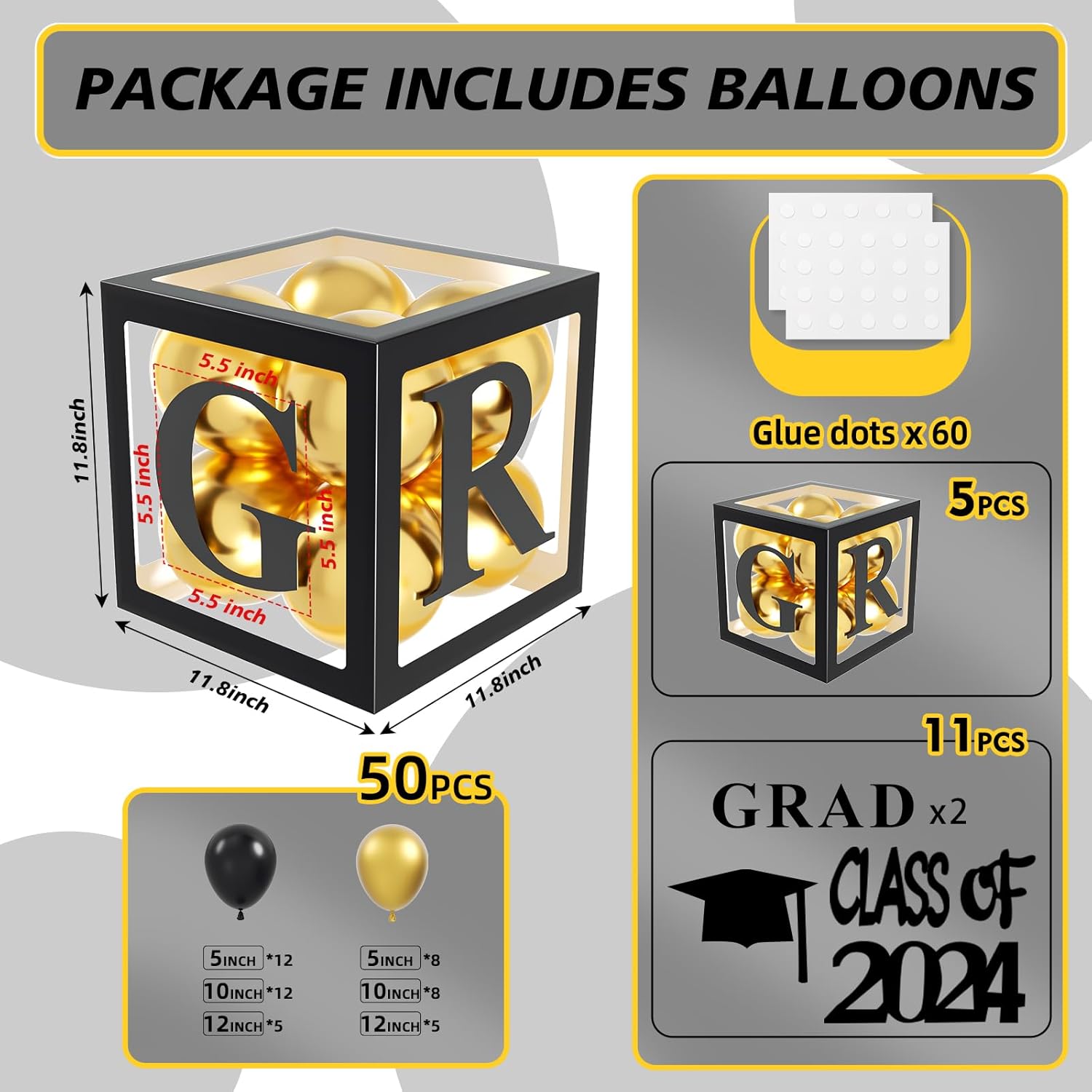 5Pcs Graduation Balloon Boxes with Class of 2024 Black Decor K699
