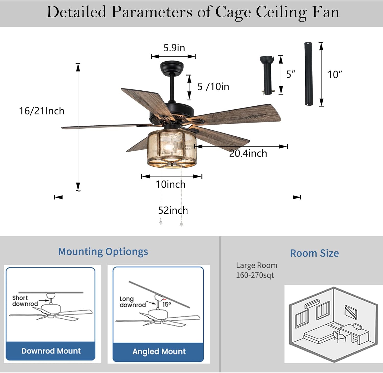 52" Farmhouse Ceiling Fan with Lights and Remote, Matte Black B733