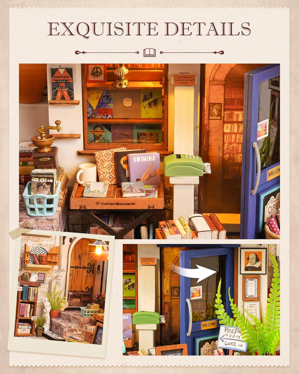 Rolife DIY Miniature House Kit 1:20 Scale Bookstore with LED Lights D629