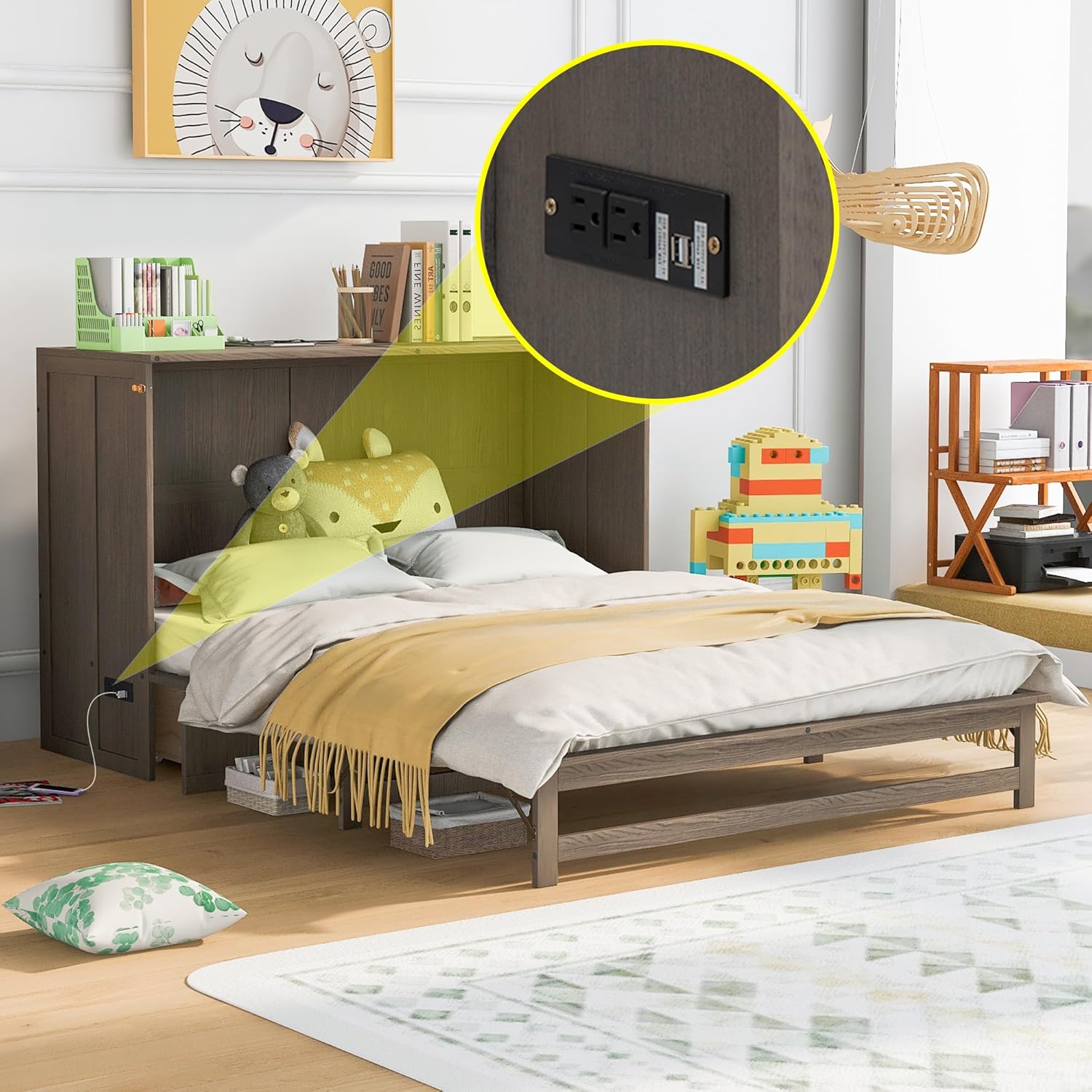 Queen Murphy Bed Cabinet with Drawer and Charging Station, 63" Foldable for Small Space K243510