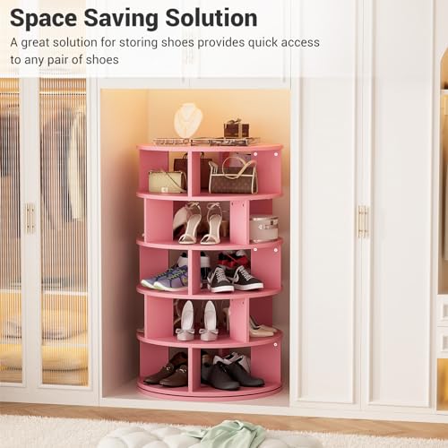 Aheaplus Rotating Shoe Rack, 5-Tier Wood Shoe Organizer, 360° Spinning, Pink O13204