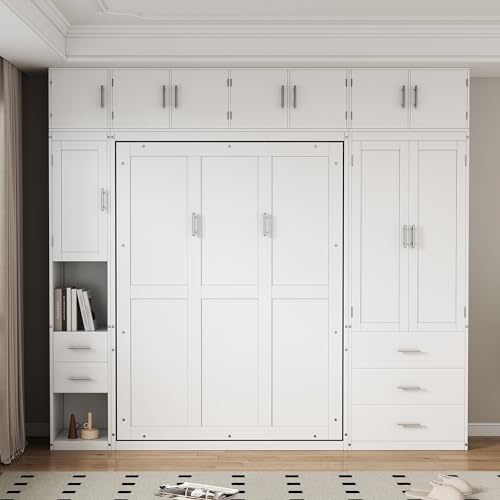 Harper & Bright Designs Full Size Murphy Bed with Lockers and Wardrobes, White N46034