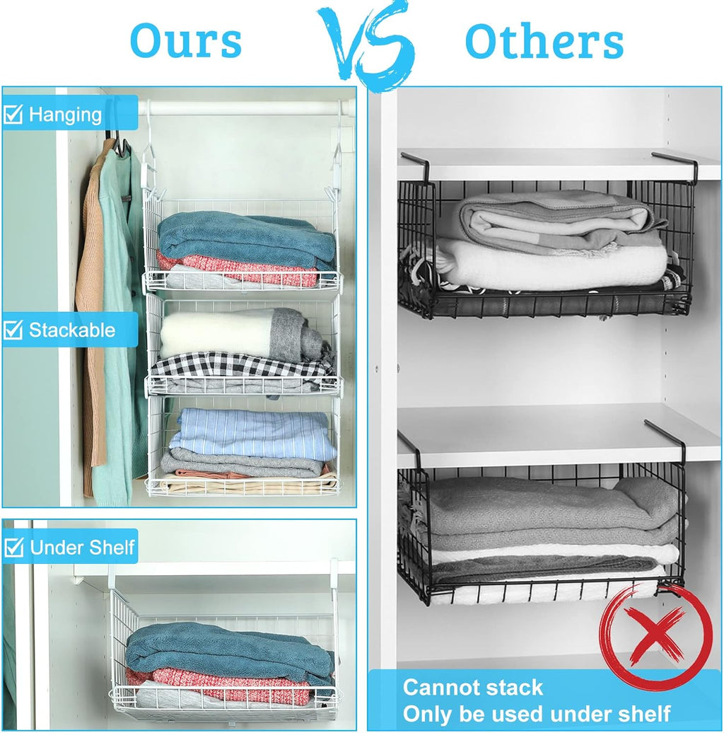 3-Tier Under Closet Shelf Basket Hanging Storage Organizer with Hooks G131