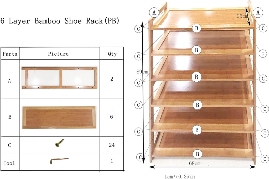 9zH&K 6 Tier Bamboo Shoe Rack for Entryway Hallway Closet W31429