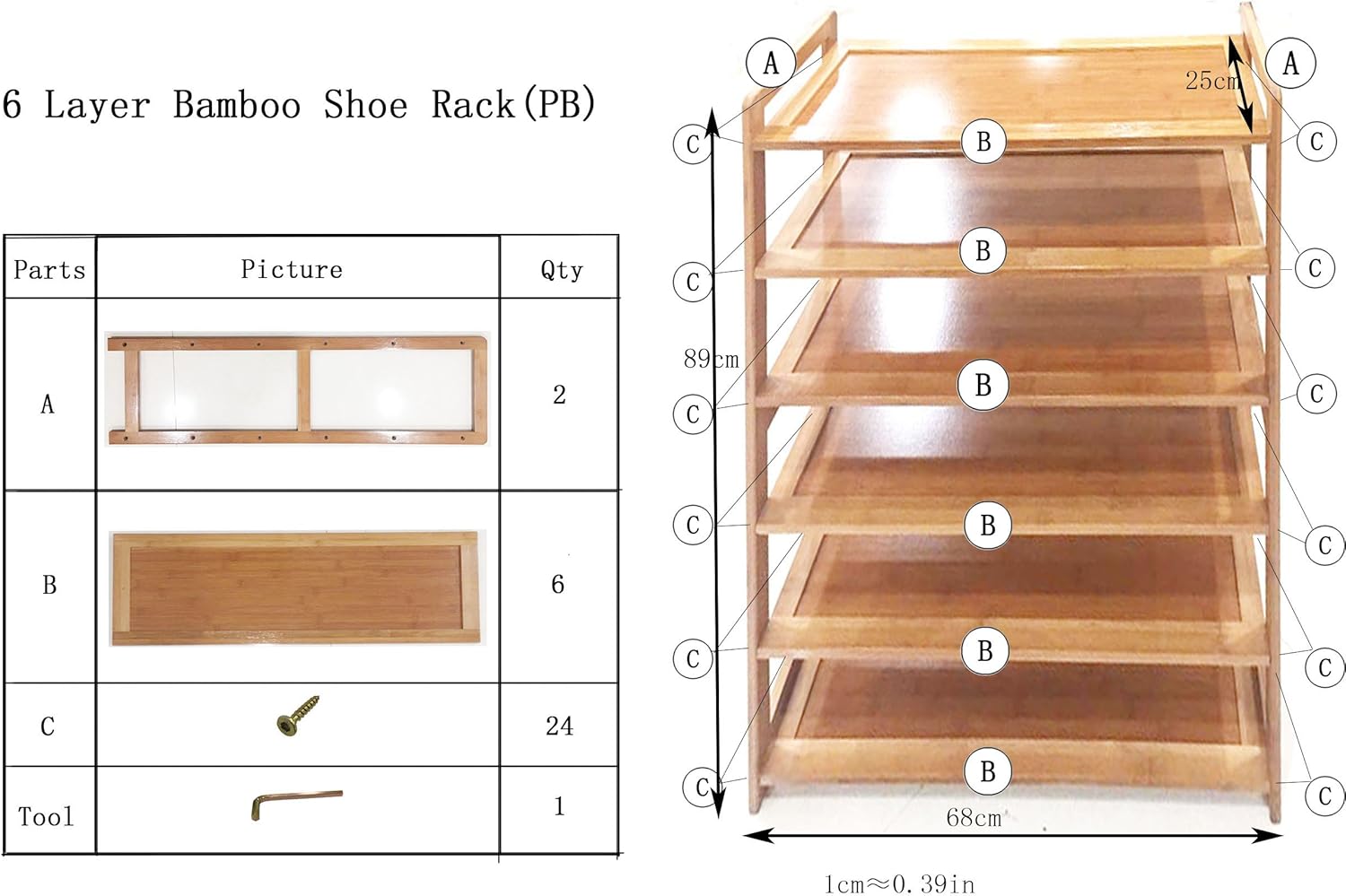 9zH&K 6 Tier Bamboo Shoe Rack for Entryway Hallway Closet W31429