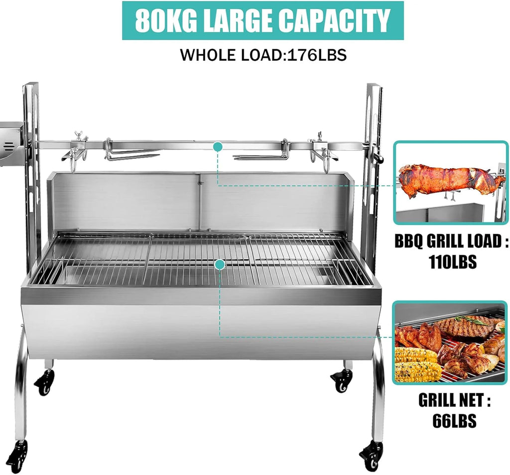 Stainless Steel Rotisserie Grill with Back Cover Guard, 25W Motor, 37'' Charcoal BBQ Z68024