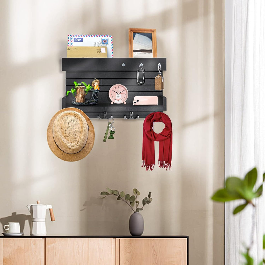 Wall Mounted Wooden Key Holder with 4 Hooks and Mail Organizer O254010