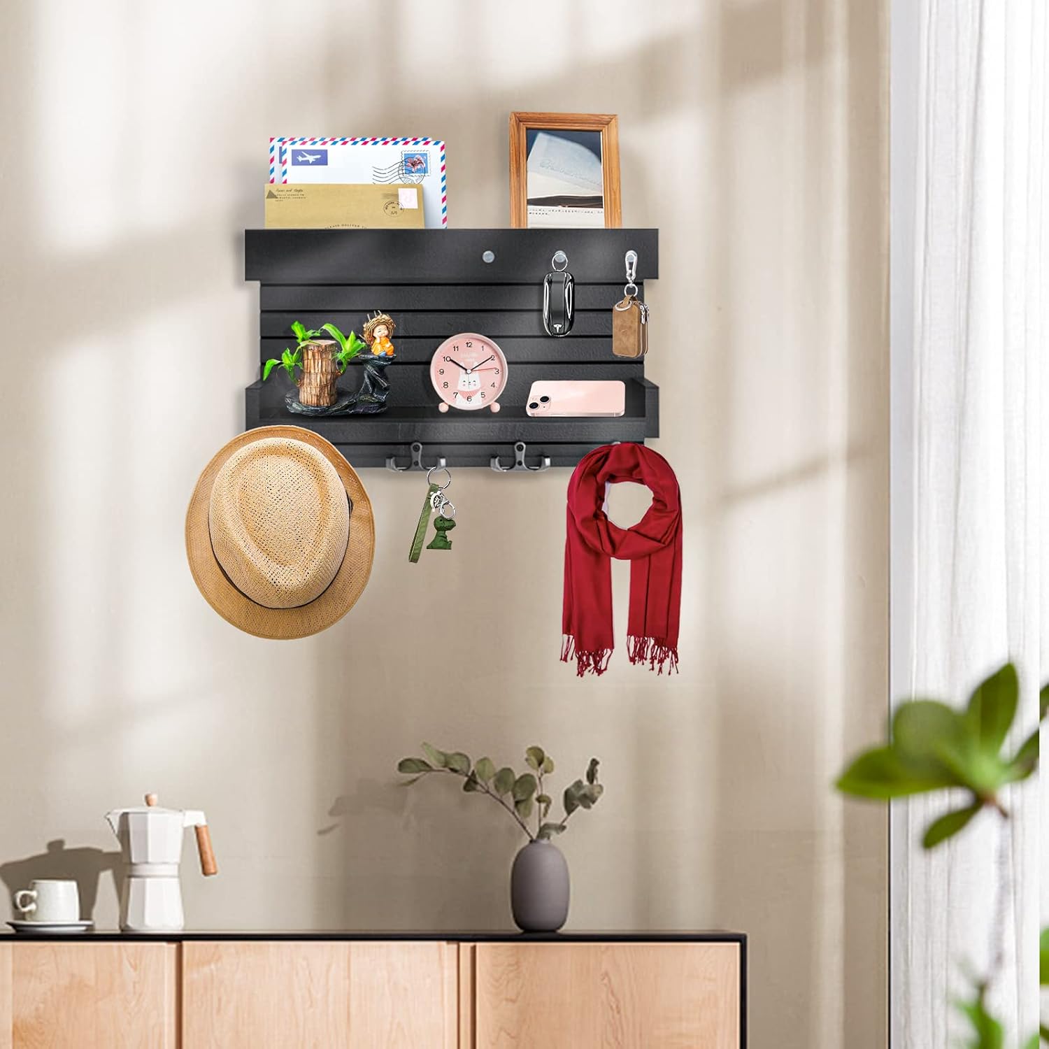Wall Mounted Wooden Key Holder with 4 Hooks and Mail Organizer O254010