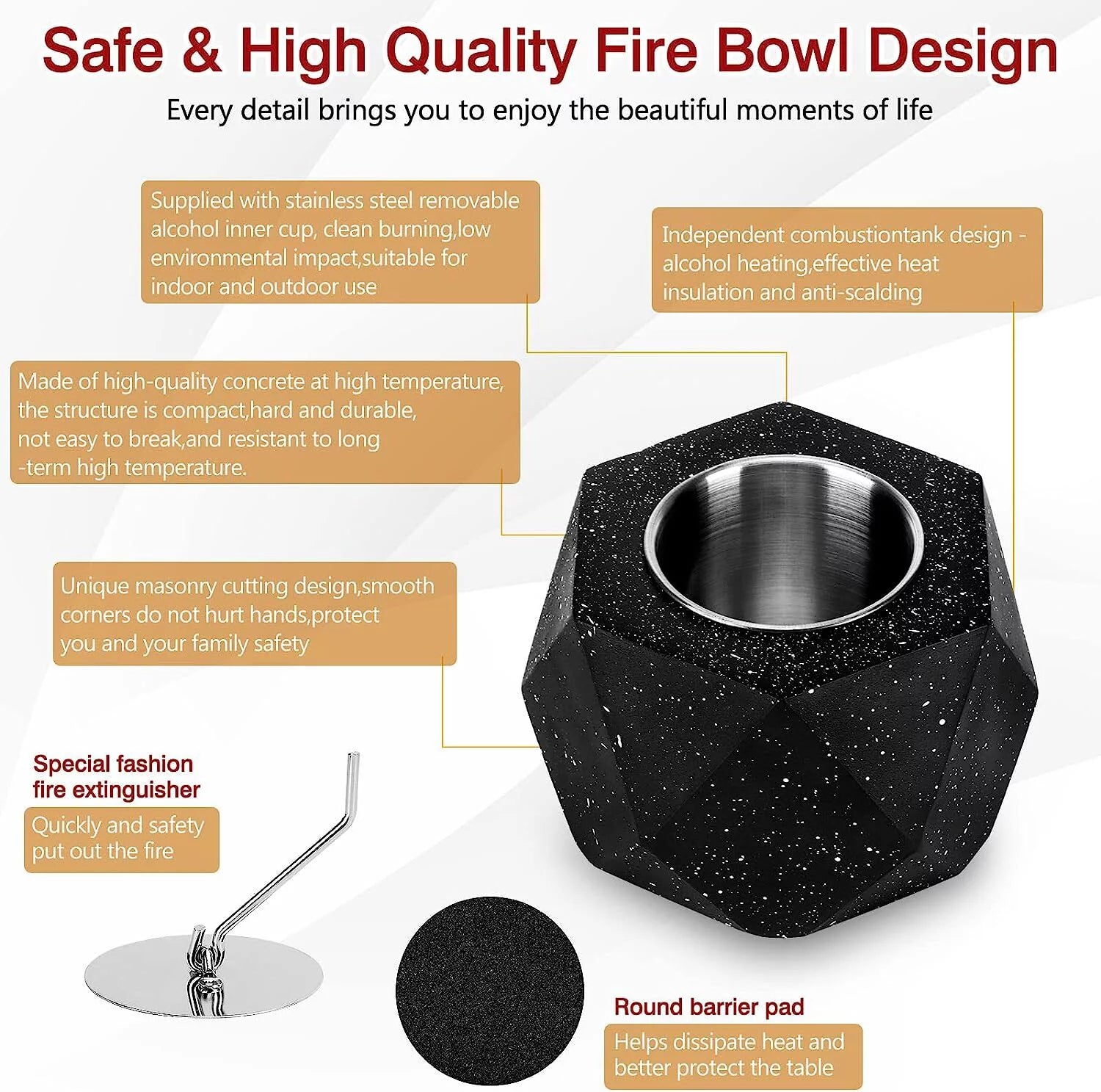 Concrete Tabletop Fire Pit Bowl Indoor Outdoor Portable S47487