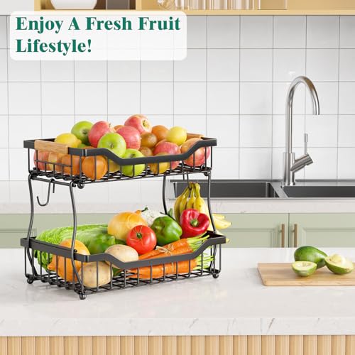 3 Tier Countertop Fruit Basket for Kitchen with Banana Hangers, Black V979701