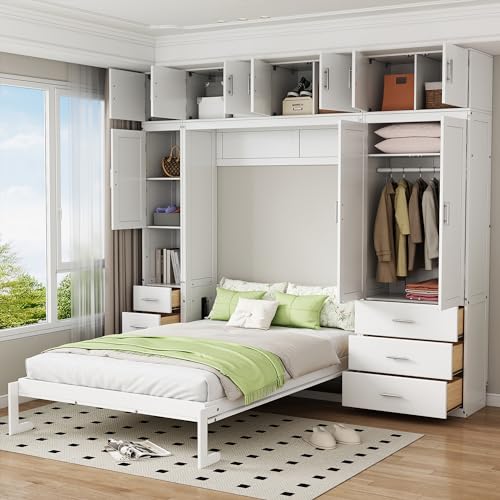 Harper & Bright Designs Full Size Murphy Bed Wall Bed with Lockers and Wardrobes, Wooden Folding Murphy Cube Cabinet Bed for Bedroom, Guest Room or Home Office, Easy Assembly (White, Full)