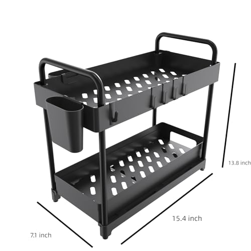 2 Pack Double-Layer Under Sink Organizer with Sliding Shelf, 4 Hooks and Cup Slot (Black) Y477401
