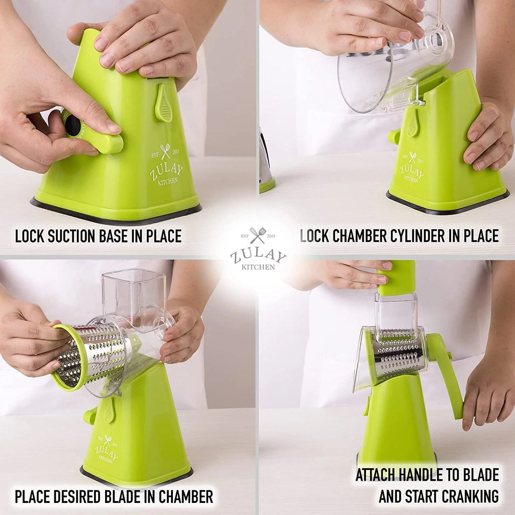 Zulay Kitchen Rotary Cheese Grater with 3 Stainless Steel Blades, Light Green A39278