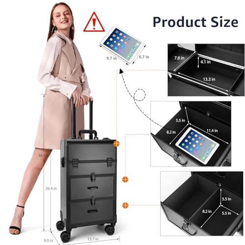 Yokilly Rolling Makeup Train Case, Aluminum Cosmetic Trolley with Swivel Wheels, Black B7317