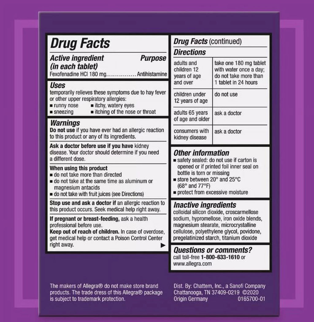 Allegra Allergy Relief Non-Drowsy Antihistamine 180 mg 90 Tablets R6944