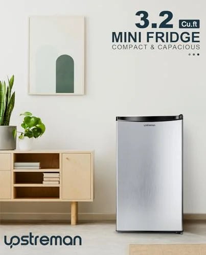 Upstreman 3.2 Cu.Ft Mini Fridge with Freezer, Stainless Steel X1754