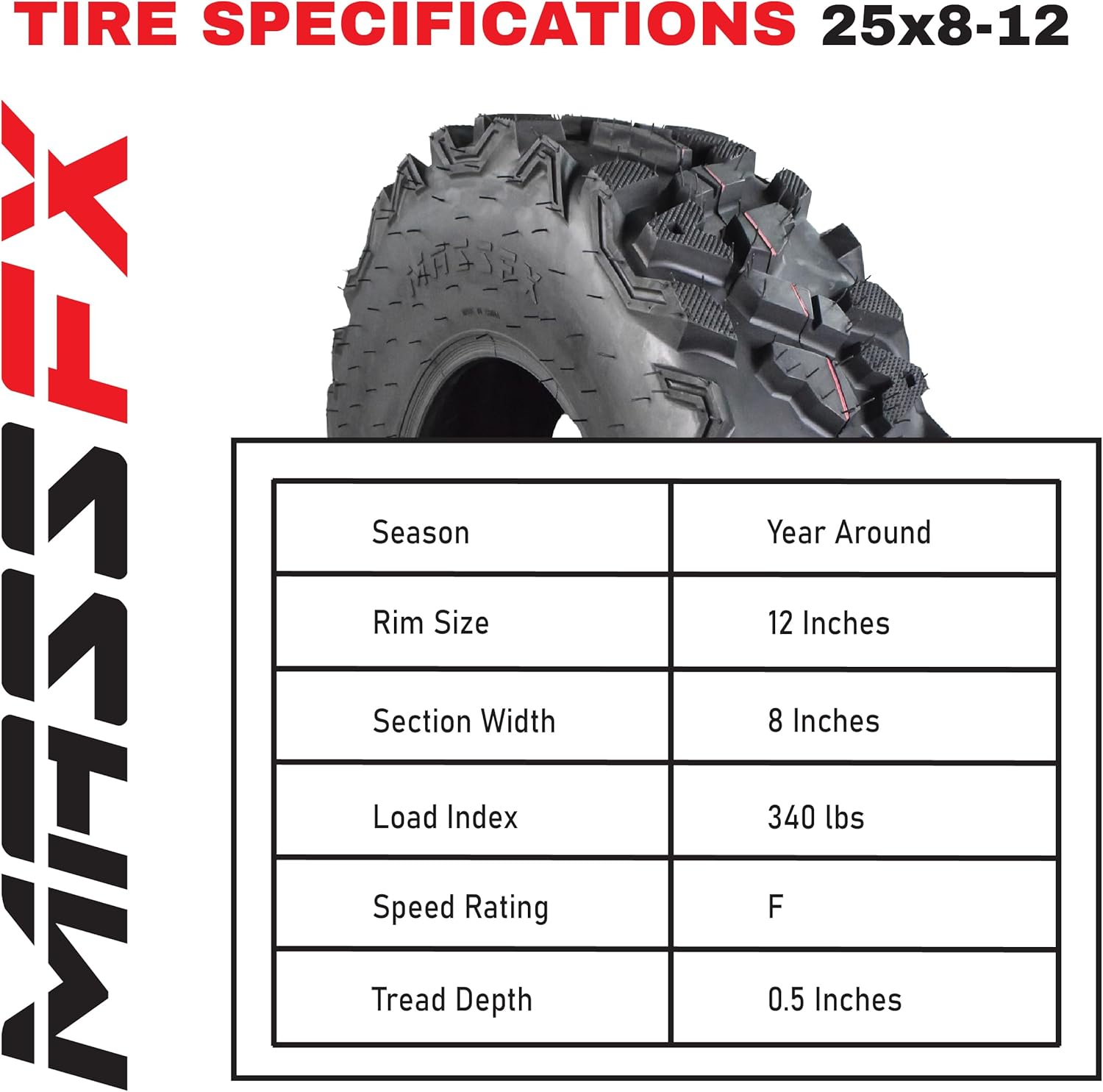 KT MASSFX 25x8-12 25x10-12 ATV UTV All-Terrain Tire Set 6 Ply R2101