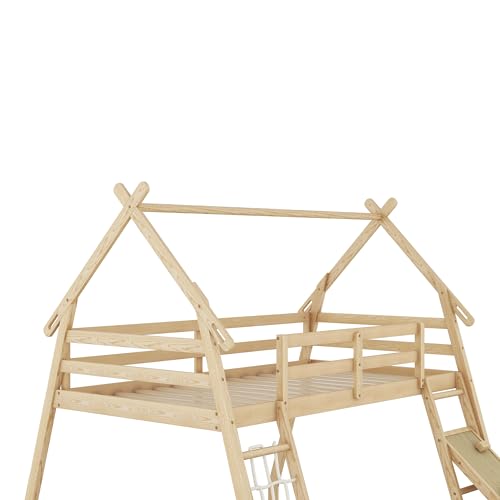 Twin House Loft Bed with Storage Shelves, Guardrails and Ladder, Gray Z602097