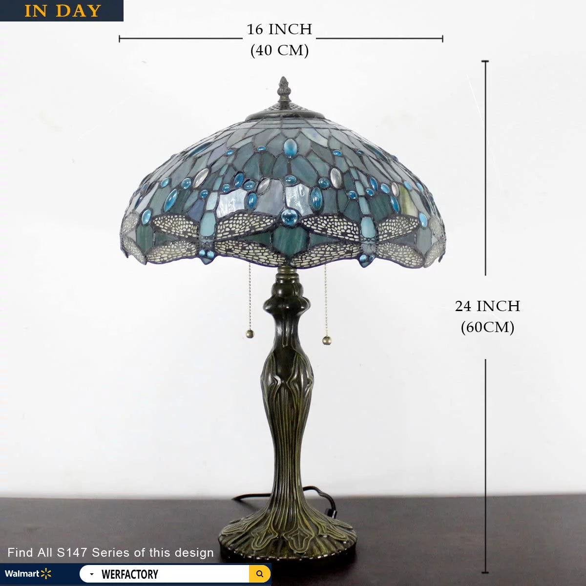 Tiffany Stained Glass Table Lamp with Metal Base, Sea Blue Dragonfly Style, 24" Tall, WERFACTORY LED Bulb Included K398