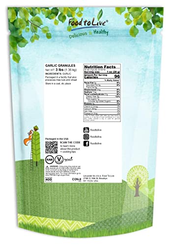 Food to Live Granulated Garlic, 1 Pound Dried Coarse Garlic Granules, Vegan Bulk Spice V5421
