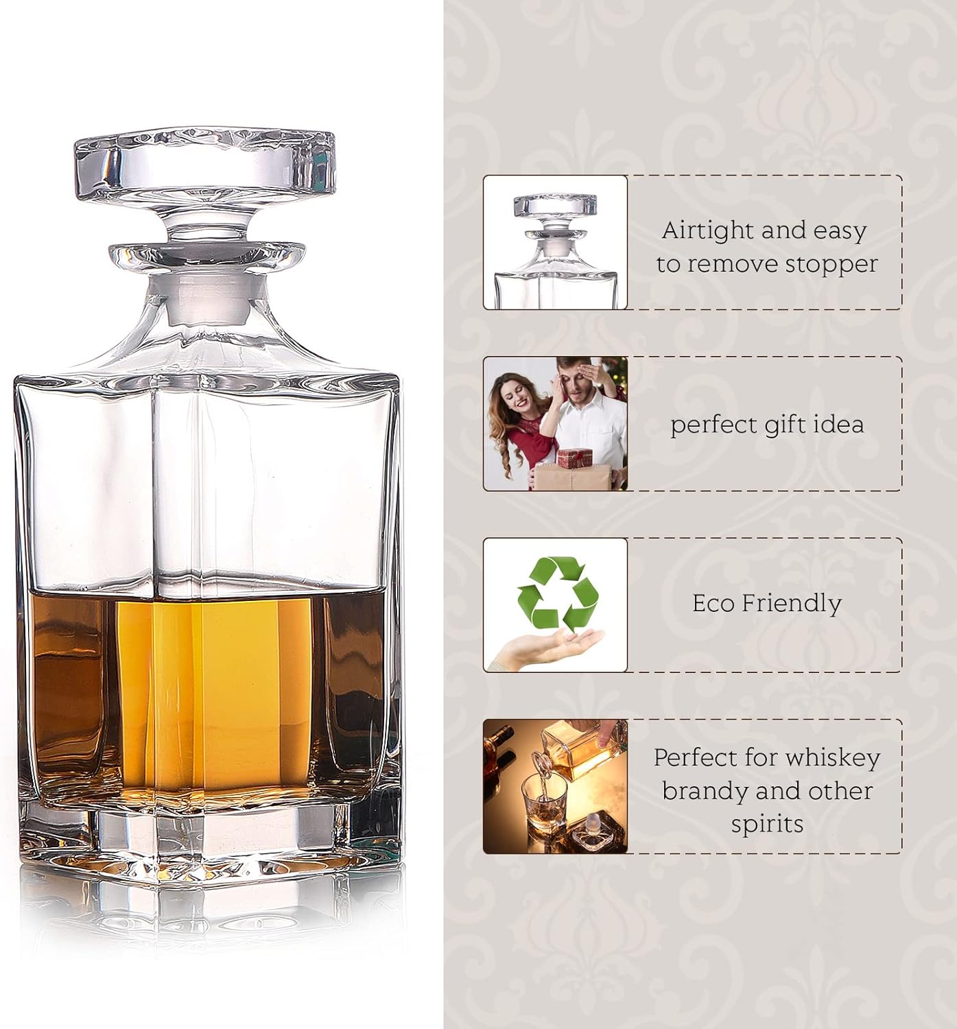 Glass Decanter with Airtight Geometric Stopper, Italian Lead-Free Glass, 25.97 oz G63180