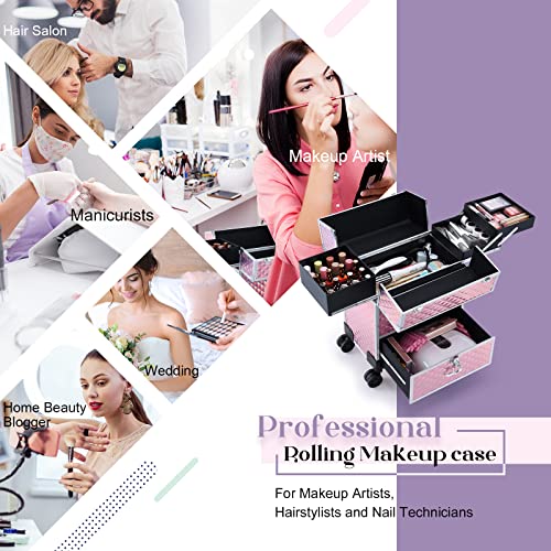 Adazzo Professional Rolling Makeup Case for Makeup Artists Cosmetic Train Case D974