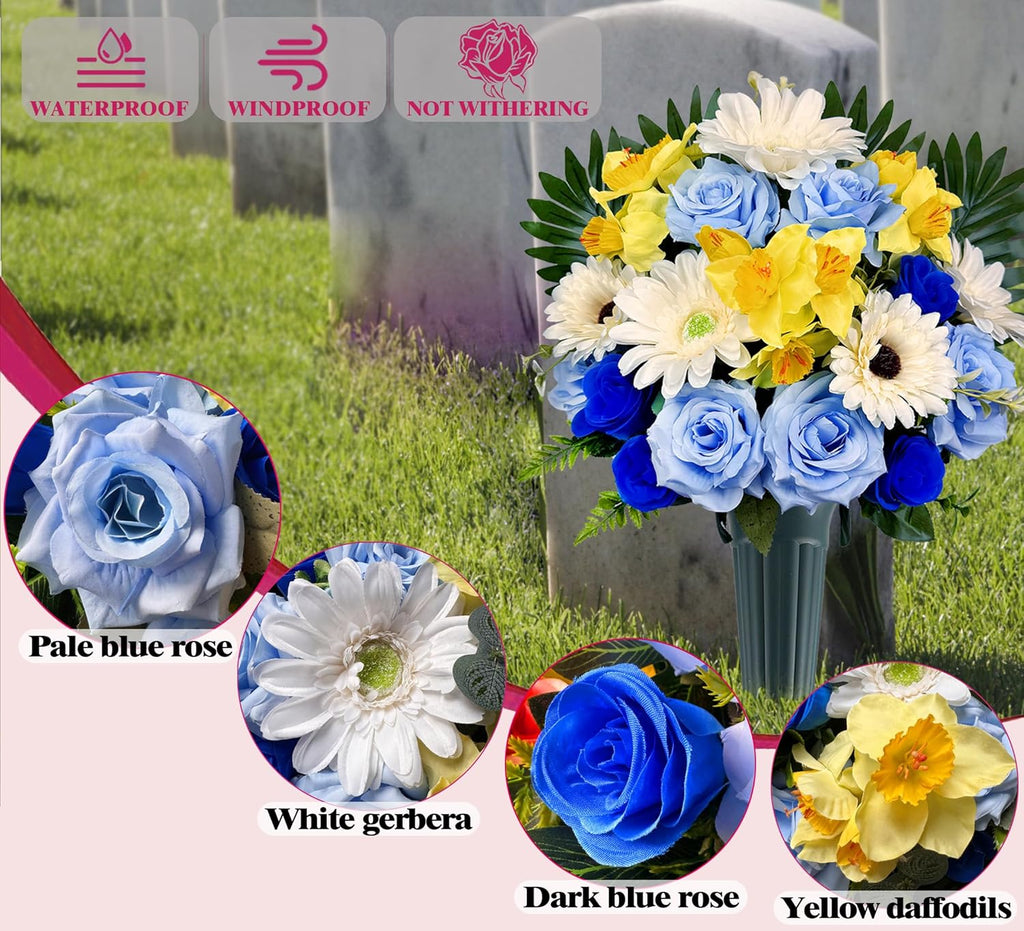 Artificial Cemetery Flowers for Grave with Headstone Vase and 2 Butterflies, Blue/White/Yellow V693110