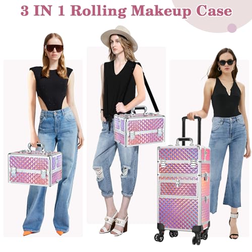 Professional Rolling Makeup Train Case with 360° Swivel Wheels, Large Storage Traveling Cart Trunk Y9925