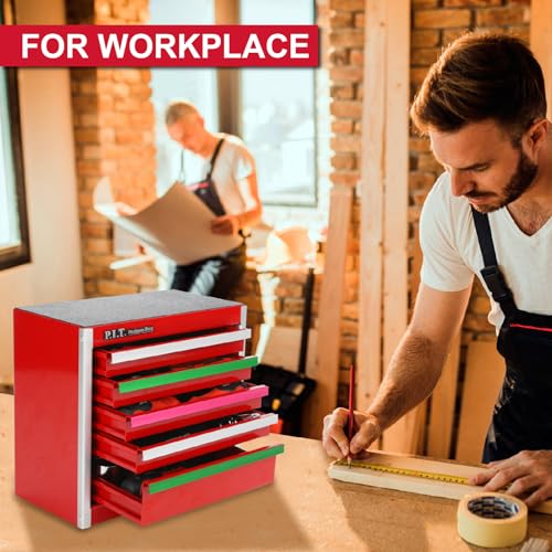 P.I.T. Mini Red Tool Box with 5 Drawers, Portable Steel Storage Case Q478