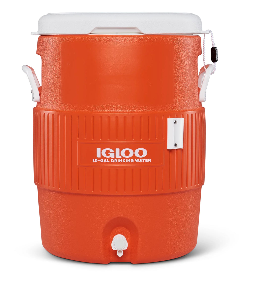 Igloo 10-Gallon Seat Top Water Jug with Cup Dispenser, Orange