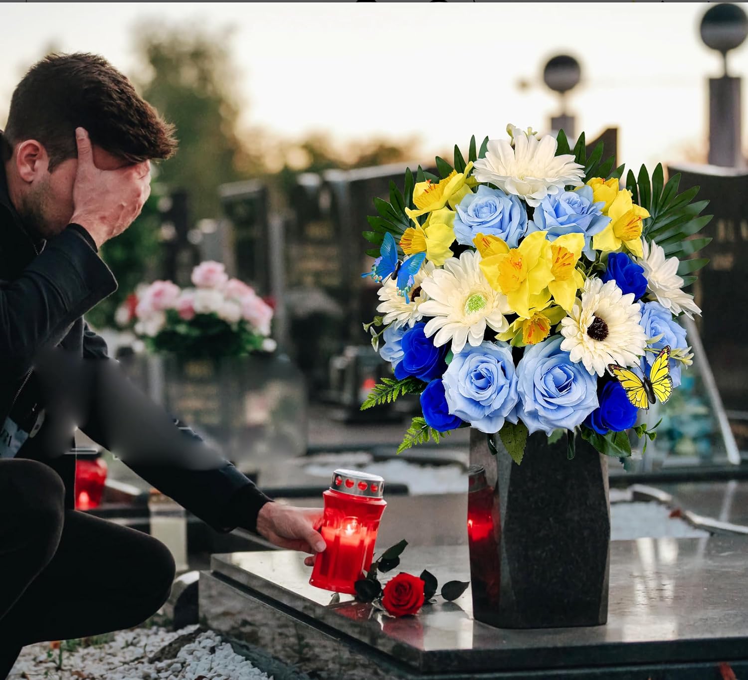 Artificial Cemetery Flowers for Grave with Headstone Vase and 2 Butterflies, Blue/White/Yellow V693110