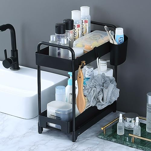 2 Pack Double-Layer Under Sink Organizer with Sliding Shelf, 4 Hooks and Cup Slot (Black) Y477401