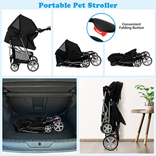 S AFSTAR 4 Wheels Pet Stroller Folding Cat Dog Carrier with Storage Basket, Black P905