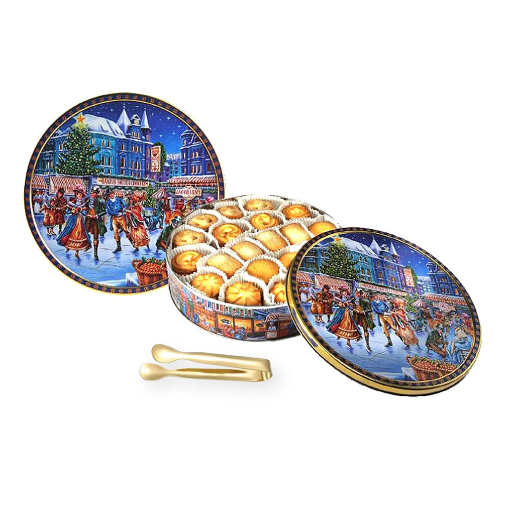 Jacobsens Danish Butter Cookies Skating Rink Gift Tin 24 Oz. with Stainless Steel Tongs F94366