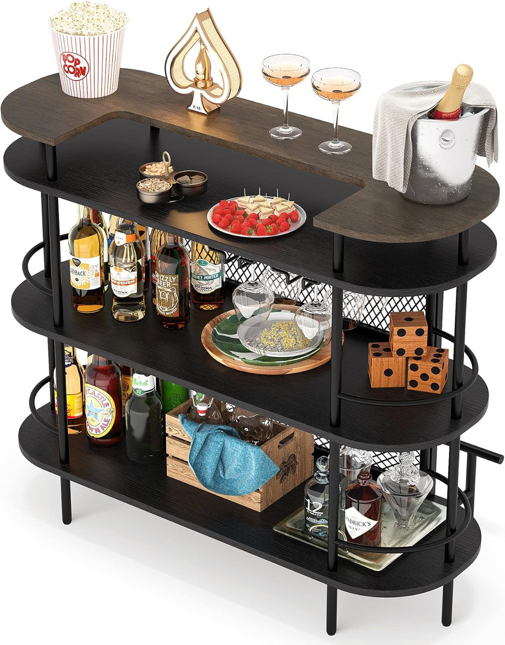 4 Tier Bar Cabinet with Storage Shelves, Foot Rail and Wine Glasses Holder, Black and Walnut Z731