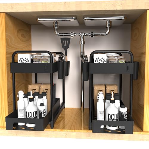 2 Pack Double-Layer Under Sink Organizer with Sliding Shelf, 4 Hooks and Cup Slot (Black) Y477401