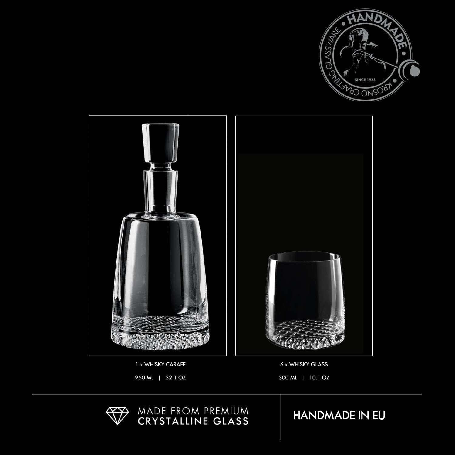 KROSNO Whisky Glass Decanter Set with 6 Glasses, Fjord Collection V8603