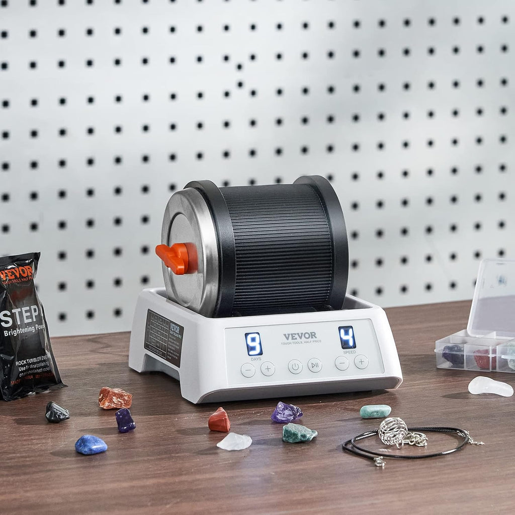 VEVOR Direct Drive Rock Tumbler Kit, 4-Speed, 9-Day Timer, Rock Polisher with Gemstones & Grits D2658